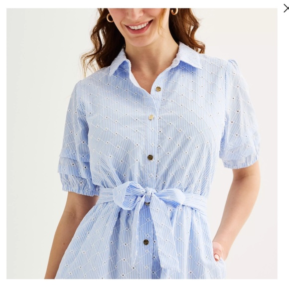 Draper James Eyelet Belted Button Front Cotton Puff Sleeve Dress Size XS - Picture 3 of 10